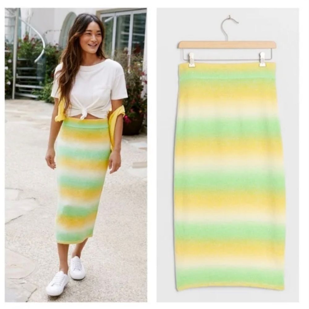 Anthropologie Ombré Knit MIDI wool blend stretch Skirt Green Yellow XS